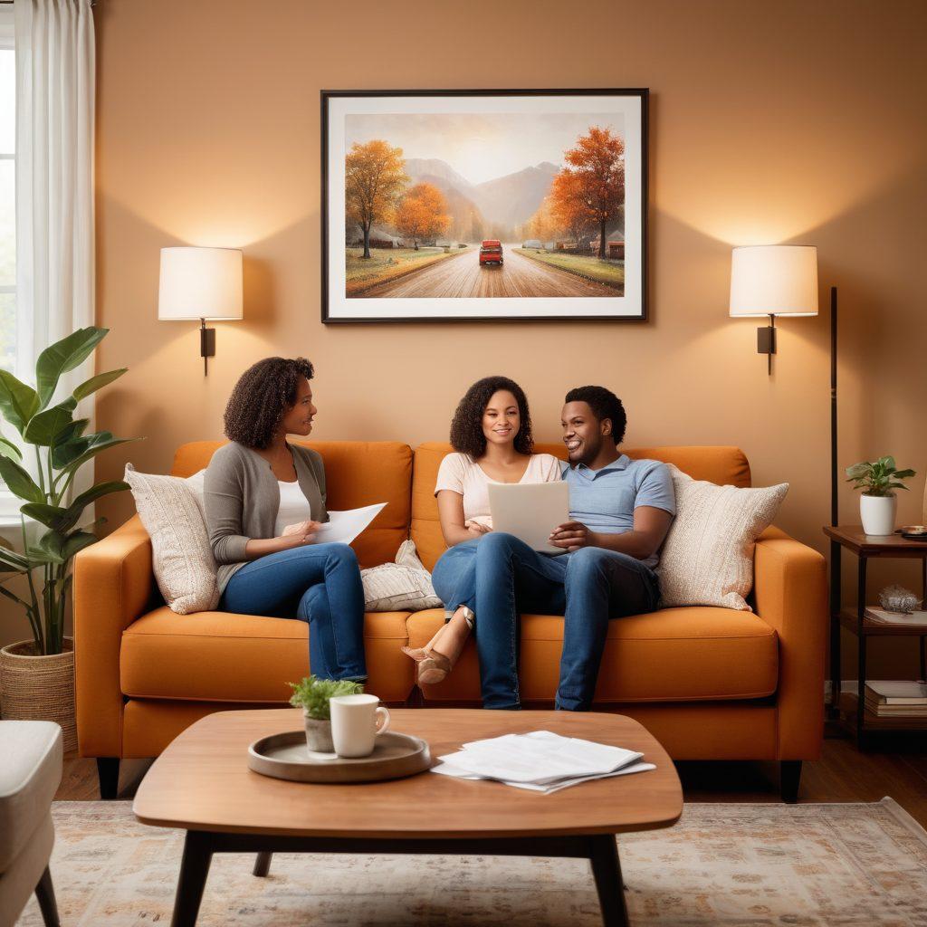 A cozy, beautifully decorated living room featuring a loving couple discussing insurance options while sitting on a comfortable couch. Include elements like a coffee table with paperwork, a warm color palette with soft lighting, and a family photo on the wall symbolizing protection and togetherness. Super-realistic. Warm tones. Soft focus.