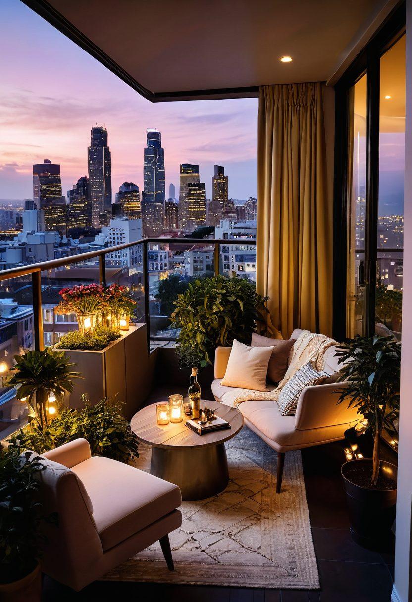 A cozy, stylish apartment balcony with potted plants and fairy lights, overlooking a panoramic city skyline at sunset. Include a couple enjoying a glass of wine, exuding a sense of comfort and luxury. The interior visible through large glass doors should reflect modern decor representing luxury rentals, like plush furniture and tasteful art. Warm, inviting colors for a romantic ambiance. super-realistic. vibrant colors. warm lighting.